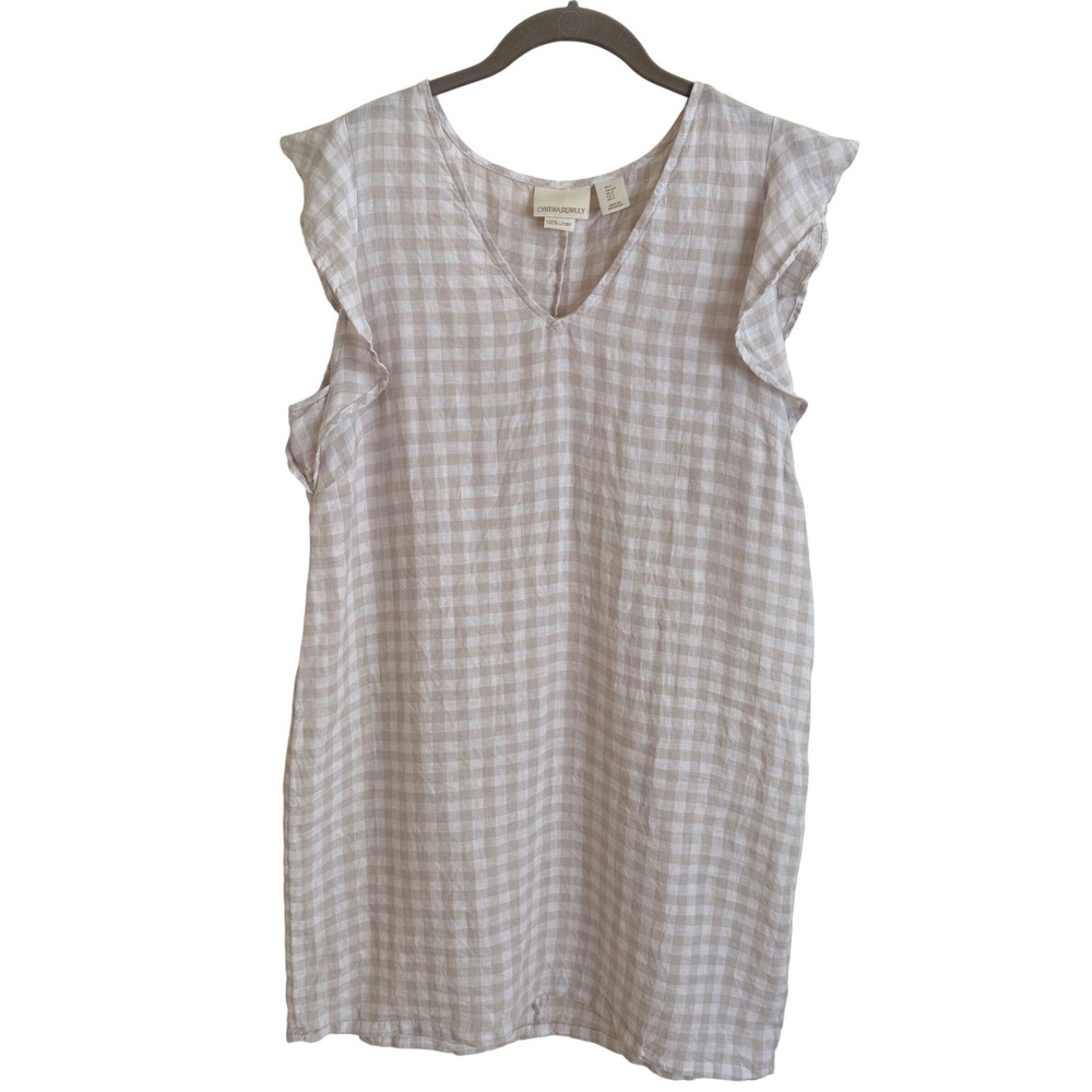 Cynthia Rowley Small Beige Gingham 100% Linen Ruffle V-Neck Shift Dress Pockets